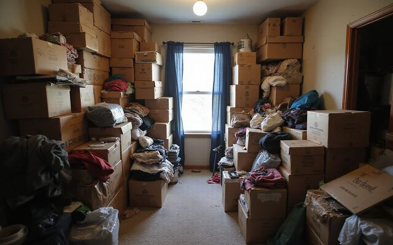 Severely cluttered bedroom with floor-to-ceiling items blocking exits