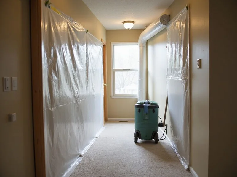 Containment barriers and negative air pressure for mold remediation